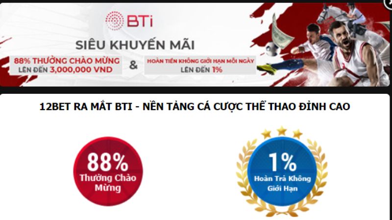 Khuyến mãi BTI HOÀN TRẢ KHÔNG GIỚI HẠN tại 12bet